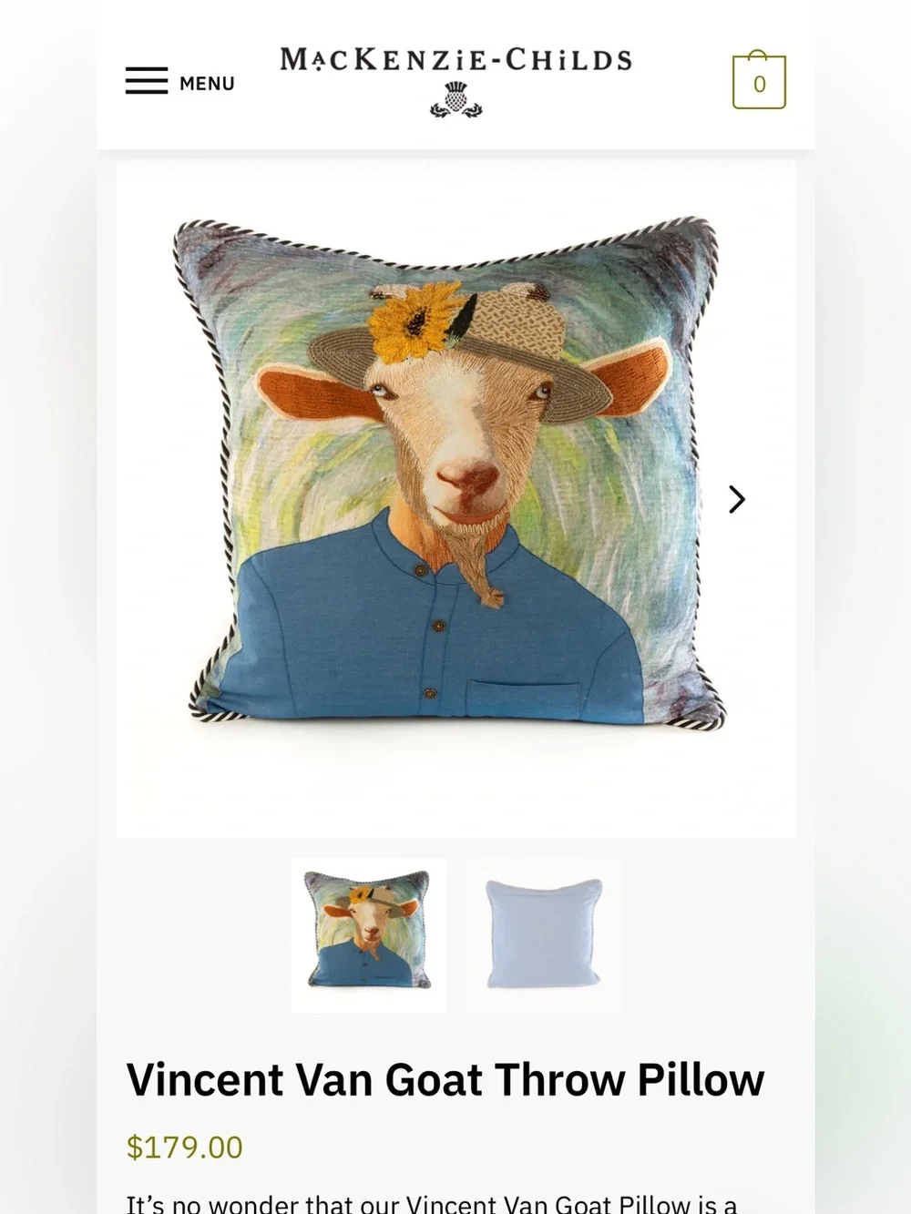 Mackenzie-Childs Vincent Van Goat Throw Pillow. Rare and Retired. Like New!